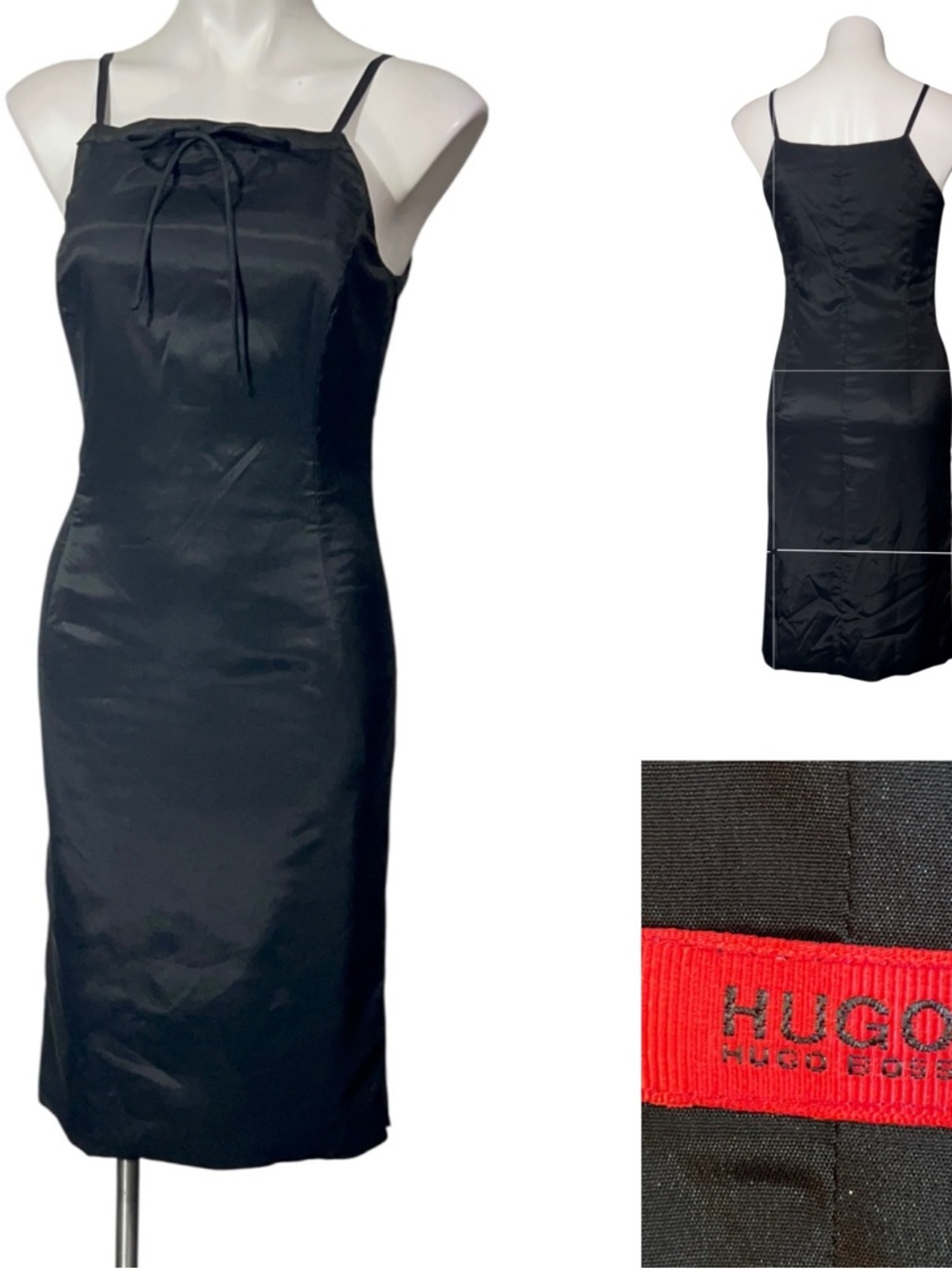 HUGO Hugo Boss dress 2/XS Black Satin Slim Slip Dress w/ Neck Tie